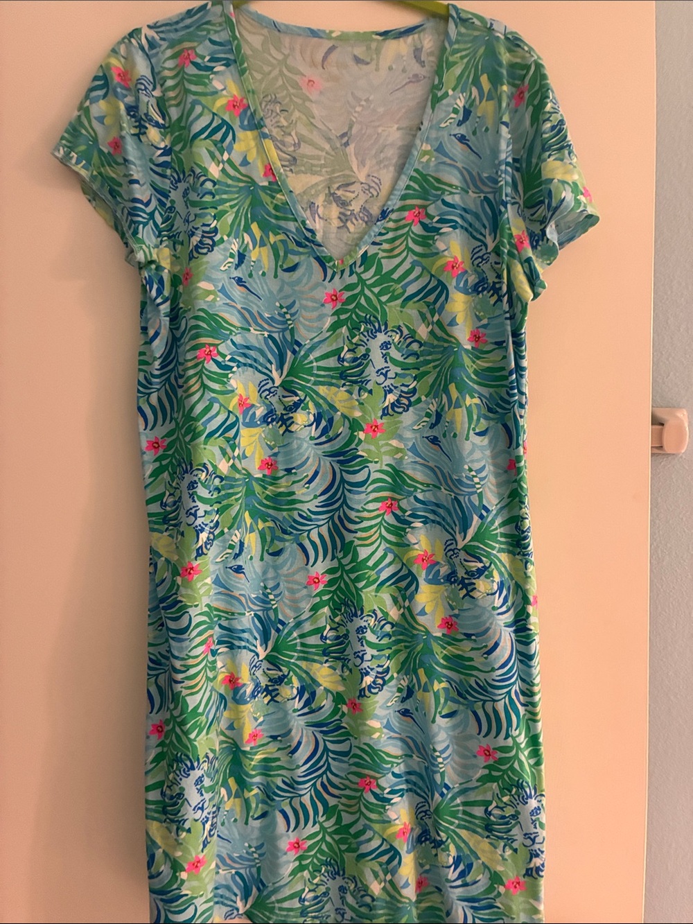 Lilly Pulitzer Blue Green Tropical Print V-Neck Dress with Pink Accents
